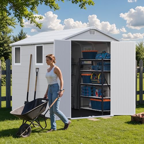 Greesum 6×8FT Plastic Outdoor Storage Shed with Floor, Resin Storaged Sheds with Lockable Double Door, Windows & Vents, All-Weather Tool Sheds for Garden, Backyard, Patio, Light Gray