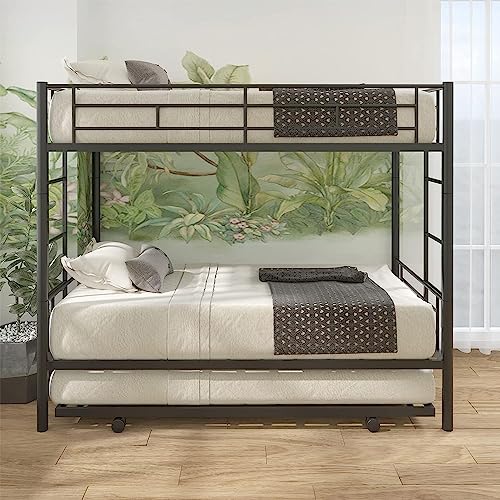 Bunk Bed, Twin Over Twin Metal Bunk Bed with Trundle Heavy Duty Bunk Beds Frame with 2 Side Ladders Convertible Bunkbed with Safety Guard Rails, No Box Spring Needed (Black, Twin Over Twin)