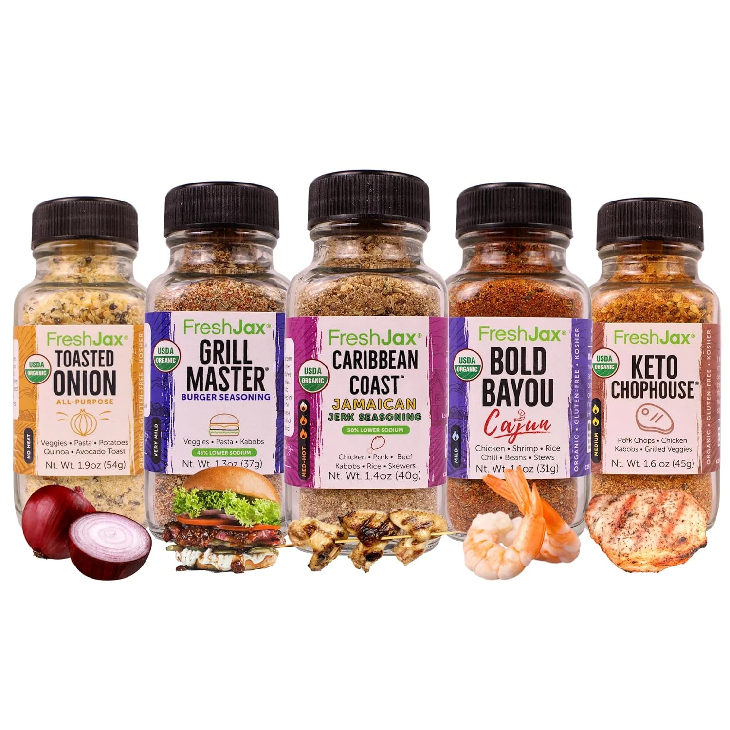 FreshJax Keto Seasoning Gift Set | Pack of 5 Organic Keto Premium Spices and Seasonings | Toasted Onion, Grill Master, Carribbean Coast, Bold Bayou, and Keto Chophouse - Keto Gift Set