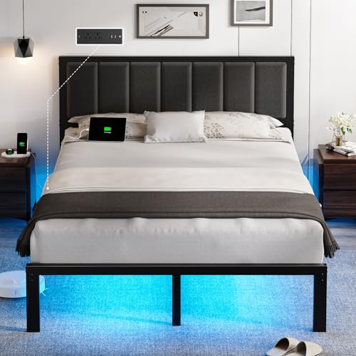 OLEVS Full Bed Frame with Headboard Metal Platform Bed Full Size with USB Charging Station and LED Lights, No Box Spring Needed