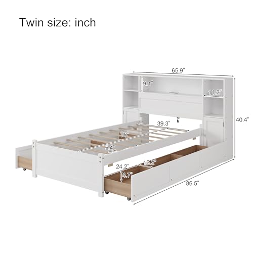 SOFTSEA Twin Size Captains Bed with 6 Storage Drawers and Bookcase Headboard, Wood Twin Storage Platform Bed with USB Ports, Built-in Shelves and Side Lockers for Kids Teens Adults, White