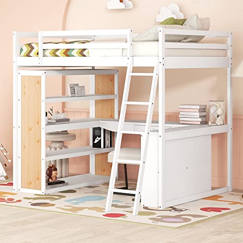 Twin Loft Bed with Staircase, Desk and Wardrobe, Wood Loft Bed with Storage Shelves and Safety Guardrail, High Loft Bed with Desk for Kids Boys Girls Teens, No Box Spring Needed, Gray