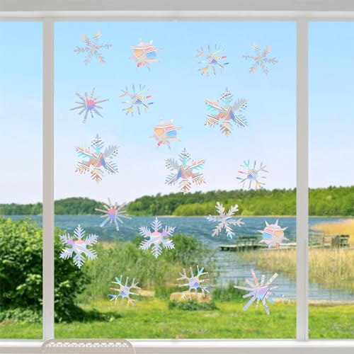 36PCS Snowflake Window Stickers Anti Collision Decals to Save Birds - Non Adhesive Prismatic Vinyl Rainbow Stickers