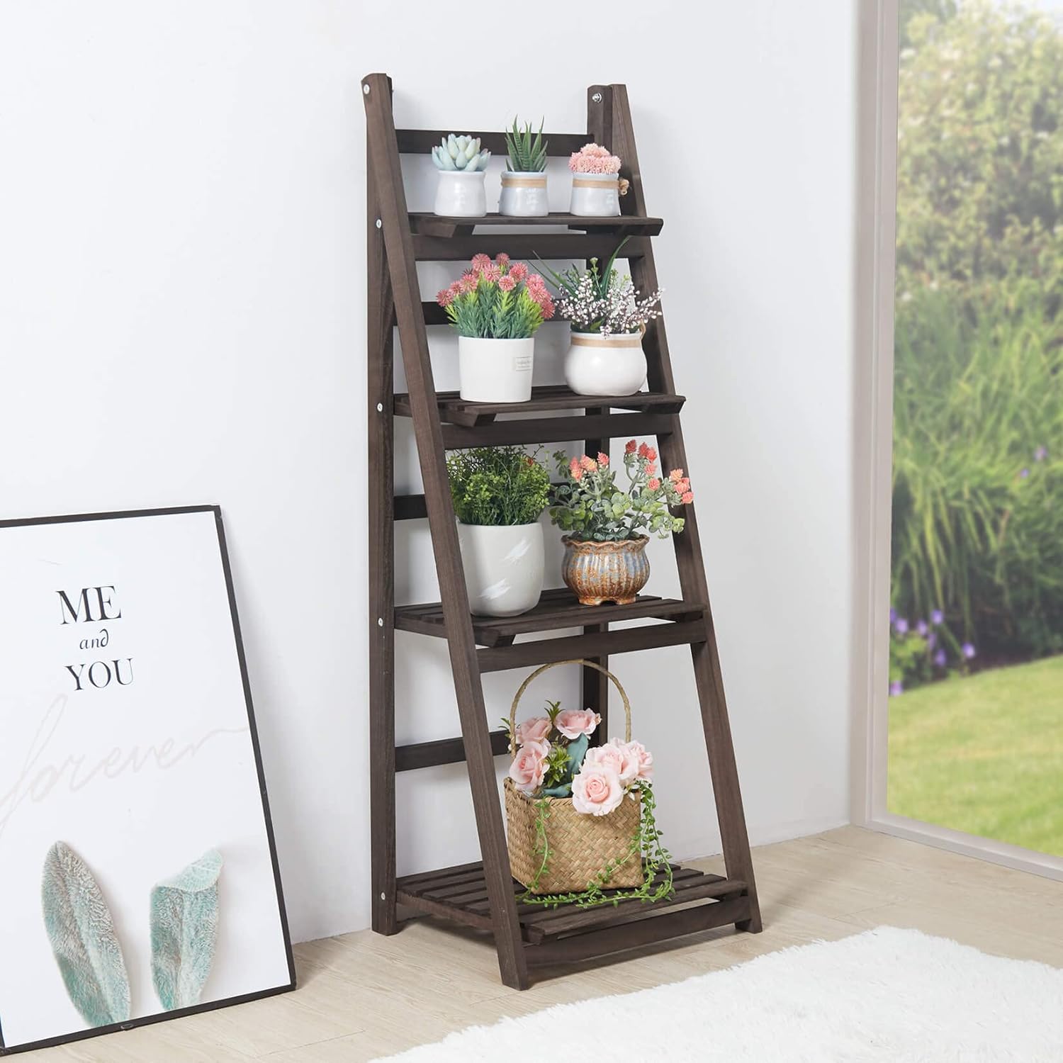 4 Tier Plant Stand: Tall Ladder Shelf Wooden Step Display Rack for Small Potted Plants Flowers Succulents Indoor Garden Patio Lawn Decors