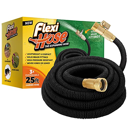 Flexi Hose Upgraded Expandable Garden Hose 50 ft Extra Strength 3/4 Solid Brass Fittings - The Ultimate No-Kink Flex 50 ft Water Hose (Black, 50FT)