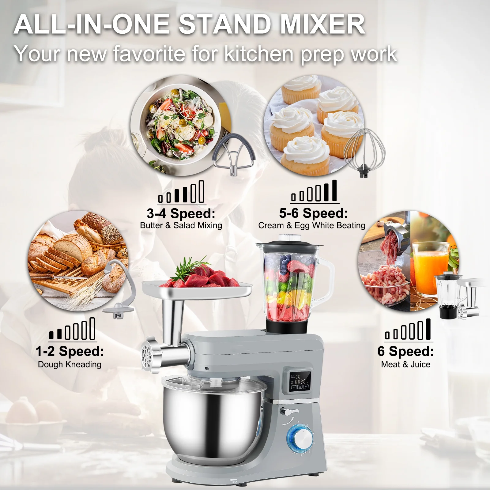 BENTISM Stand Mixer 7.4Qt LCD Screen Timing 6-Speed Dough Mixer w/ Grinder Juicer