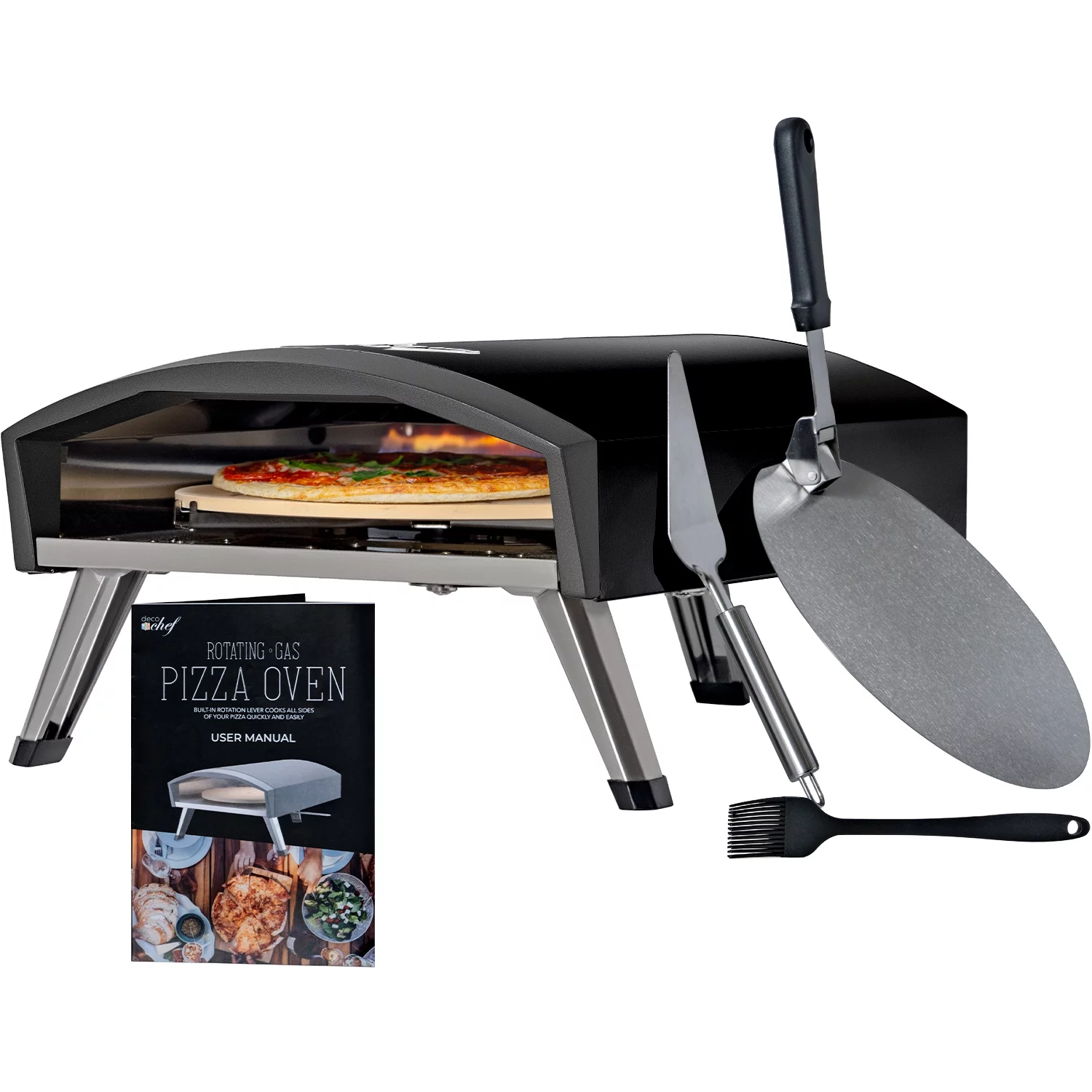 Deco Chef Outdoor Gas Pizza Oven, Portable Collapsable Design, Hassle-Free Self-Rotating Baking Stone, Black