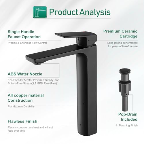 VOTON Vessel Sink Faucet Matte Black Tall Bathroom Faucet Single Handle Vanity Bathroom Sink Faucet 1 Hole Basin Mixer Tap with Water Supply Hose and Pop Up Sink Drain