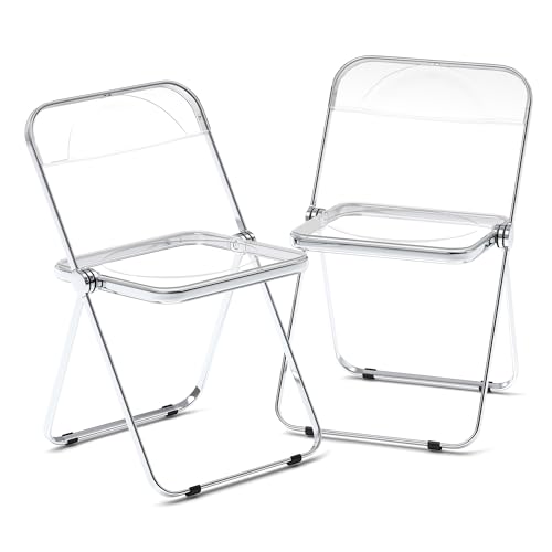 Acrylic Folding Chairs with Stackable, Clear Plastic Chair with Crystal Seat-PC & Metal Chrome Frame, Weight Capacity 350 lbs, 2 Pack,Transparent
