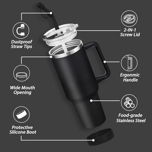 40 oz Tumbler with Handle and Straw Spout Lid - 100% Leak-proof Travel Coffee Cup, BPA Free Metal Mug, Vacuum Insulated Water Bottle- (Cold-34H & Hot-10H), Straw Cover, Silicone Boot