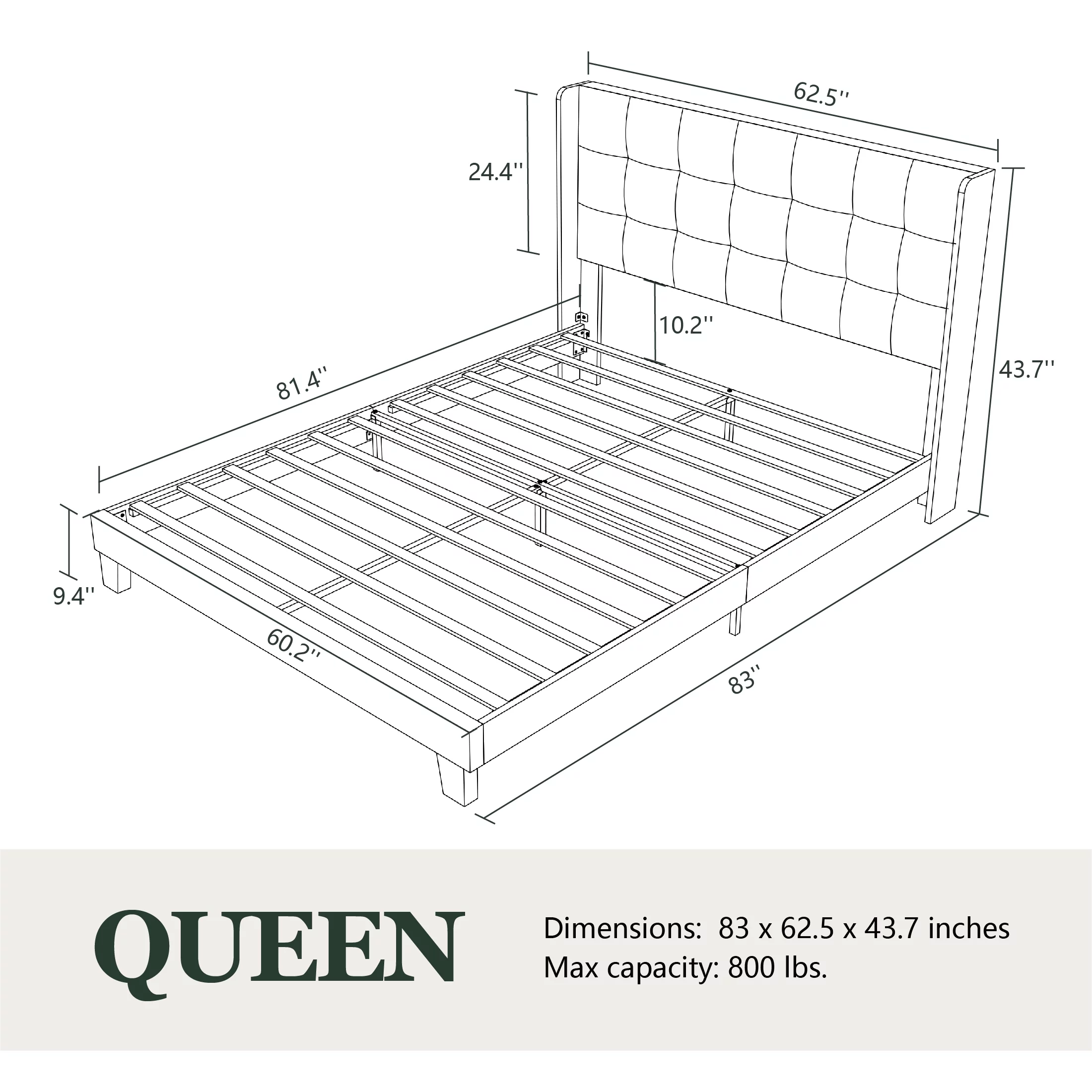 Amolife Queen Size Platform Bed Frame with Wingback Headboard, Square Stitched Style, Dark Blue