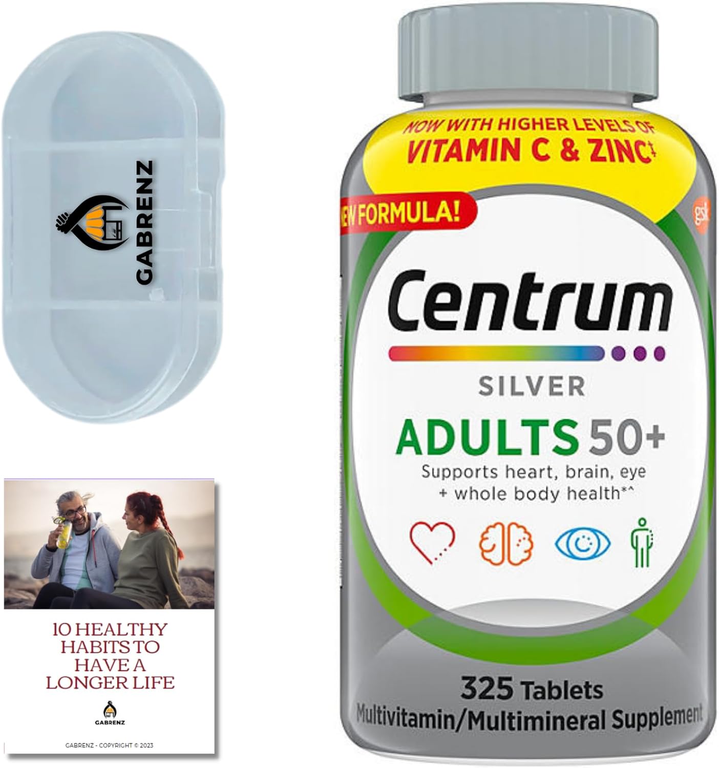 Centrum Silver Adults 50+ 325 Tablets (Pack of 1)- Bundle with Exclusive Gabrenz Pill Organizer and Gabrenz Booklet - 10 Healthy Habits to Have a Longer Life