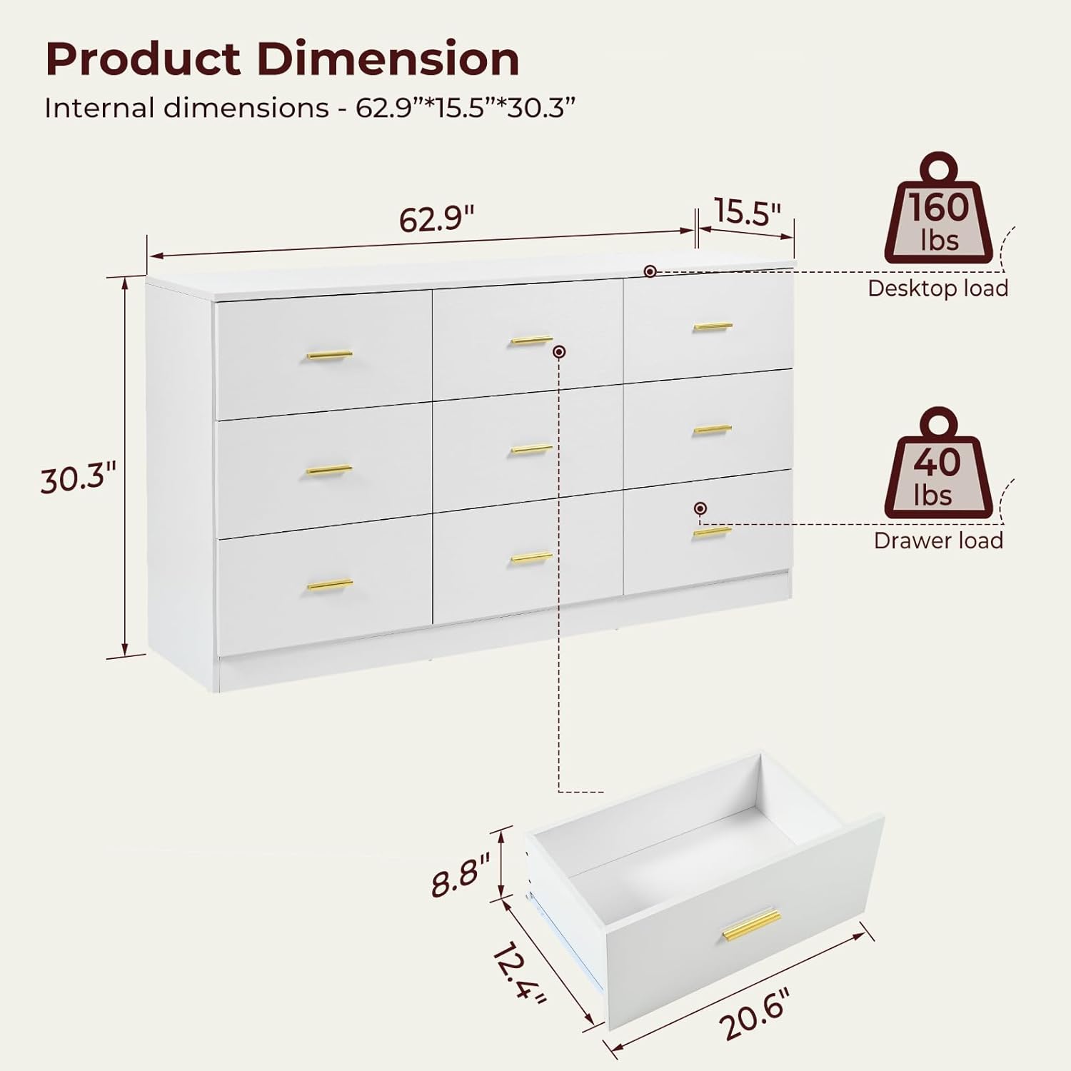 White Dresser for Bedroom with 9 Drawers, Long TV Stand, Modern Chest of Deep Cabinets and Wooden Top, Perfect for Living Room Storage, 63