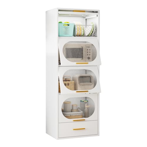 Metal Kitchen Storage Cabinet with Doors, Freestanding Oven Rack with Storage, Easy to Install Metal Cabinet with Clear Flap Doors for Kitchen, Dining Room (White, 50.2