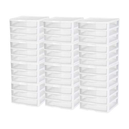 Sterilite 3-Pack Wide 3 Drawer Unit, Plastic Desktop Organizer with Clear Drawers, White Frame - Stackable Multi-Purpose Storage for Office Supplies, Craft Rooms, Classrooms and Home Organization