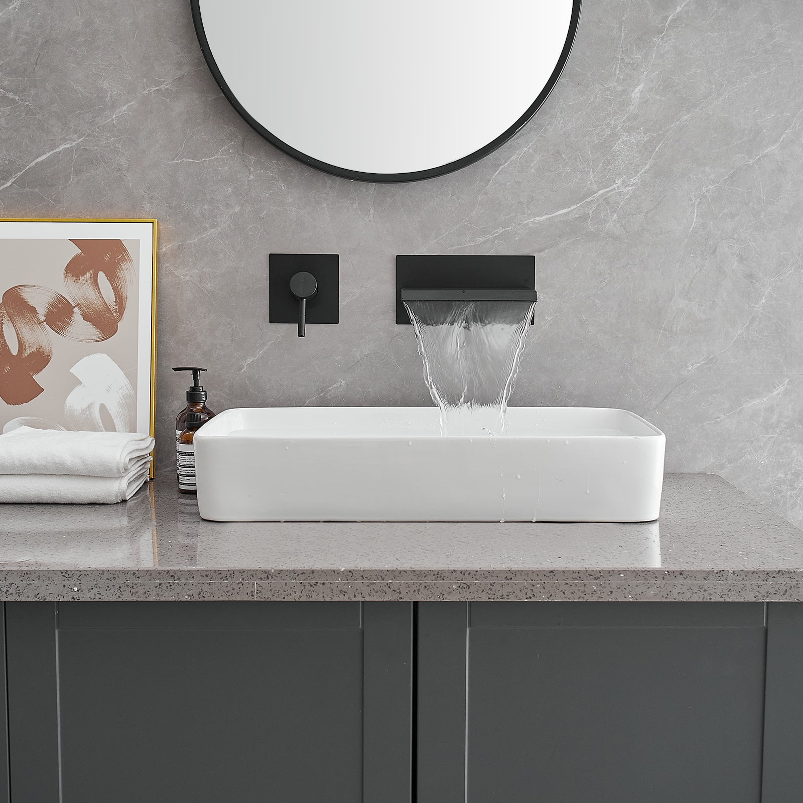 Single Handle Wall Mount Spout Waterfall Bathroom Faucet in Matte Black