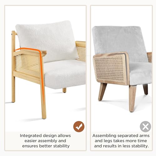 Yaheetech Accent Chair, Boucle Vanity Chair with Rattan Back Arms, Mid Century Chair Upholstered Living Room Chair Lounge Chair Bedroom Balcony White