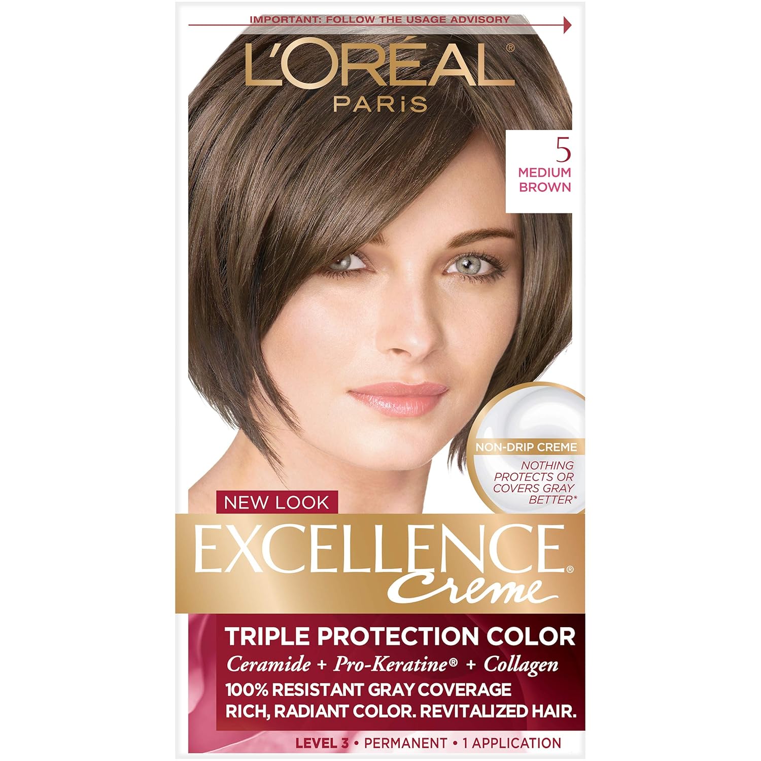L'Oreal Paris Excellence Creme Permanent Triple Care Hair Color, 5 Medium Brown, Gray Coverage For Up to 8 Weeks, All Hair Types, Pack of 1