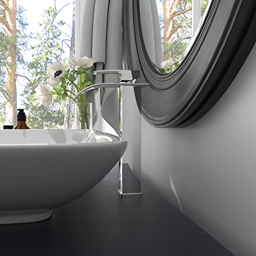 BWE Vessel Sink Faucet Modern Waterfall Chrome Single Hole Bathroom Faucet Single Handle with Pop up Drain Without Overflow Assembly Vanity Basin Bath Sink Faucets Mixer Tap