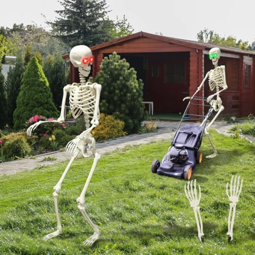 5.4ft/165cm Halloween Skeleton, Life Size Posable Skeleton with Glowing Eyes Creepy Sound, Full Body Realistic Human Bones with 2 Arm Stake for Halloween Indoor Outdoor Haunted House Decoration