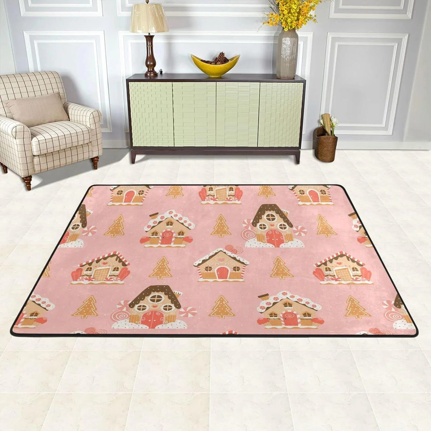 SKYSONIC Christmas Gingerbread Houses Non-Slip Area Rug, Pink Winter Theme Floor Carpet Comfort Floor Mats Decor for Indoor Front Porch,Living Room, Bedroom,Kitchen ,36