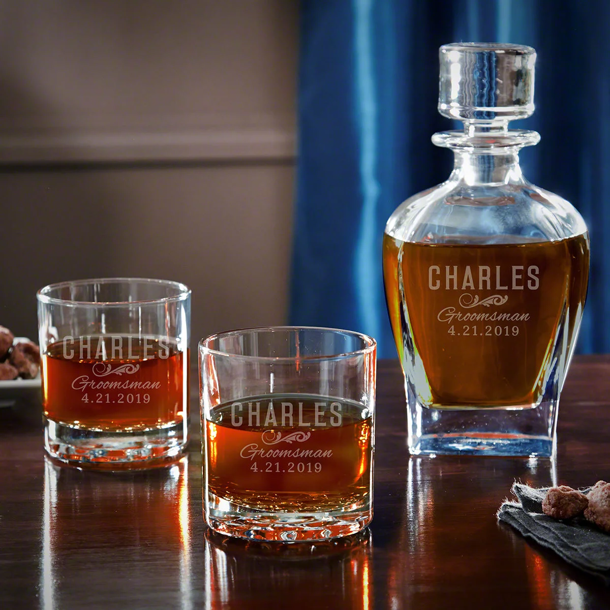 Classic Groomsman Engraved Whiskey Decanter and Glasses Set