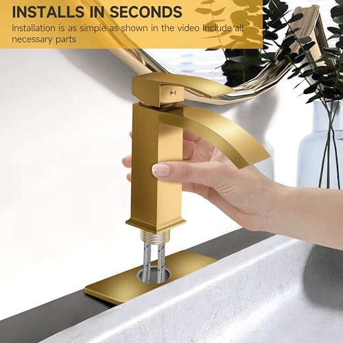 Brushed Nickel Vessel Sink Faucet, Waterfall Bathroom Faucets, Tall Spout Single Handle Single Hole Bathroom Faucets with Pop Up Drain and Without Overflow Basin Faucet Supply Line