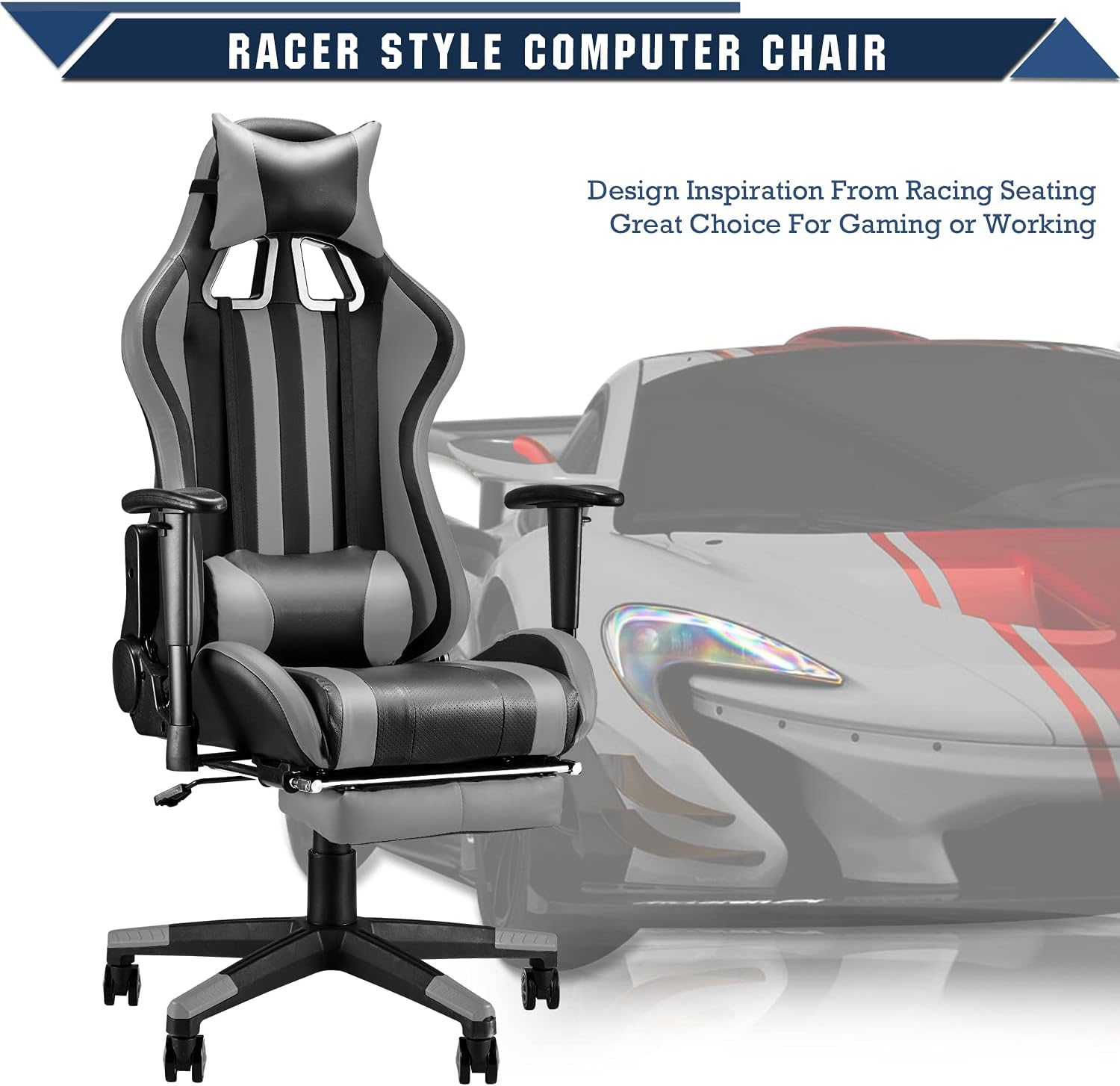 Soontrans Racer Style Gaming Chair with Footrest,Gamer Chair, Game Chair,Swivel Desk Chair with Backrest Seat Height Adjustable Headrest and Lumbar Pillow(Black/Gray)