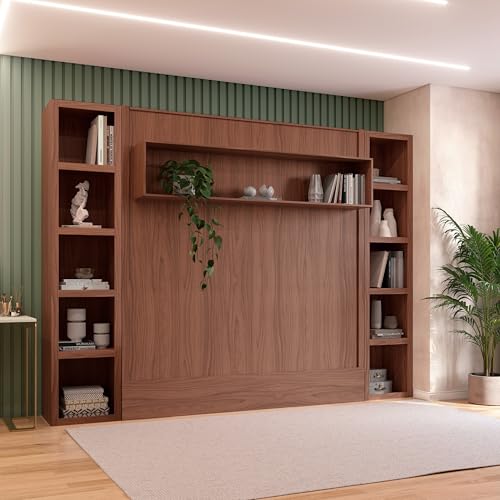 Oakland Living Easy-Lift Queen Murphy Wall Bed in Brown Wood Grain with Two Bookshelves