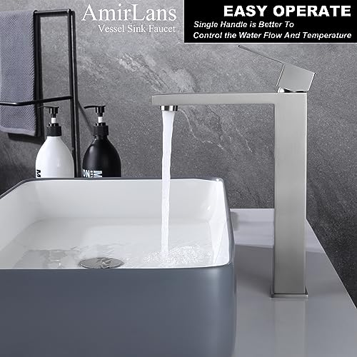 Brushed Gold Vessel Sink Faucet - Tall Single Hole Bathroom Faucet with Pop Up Drain, AML-11411-BG