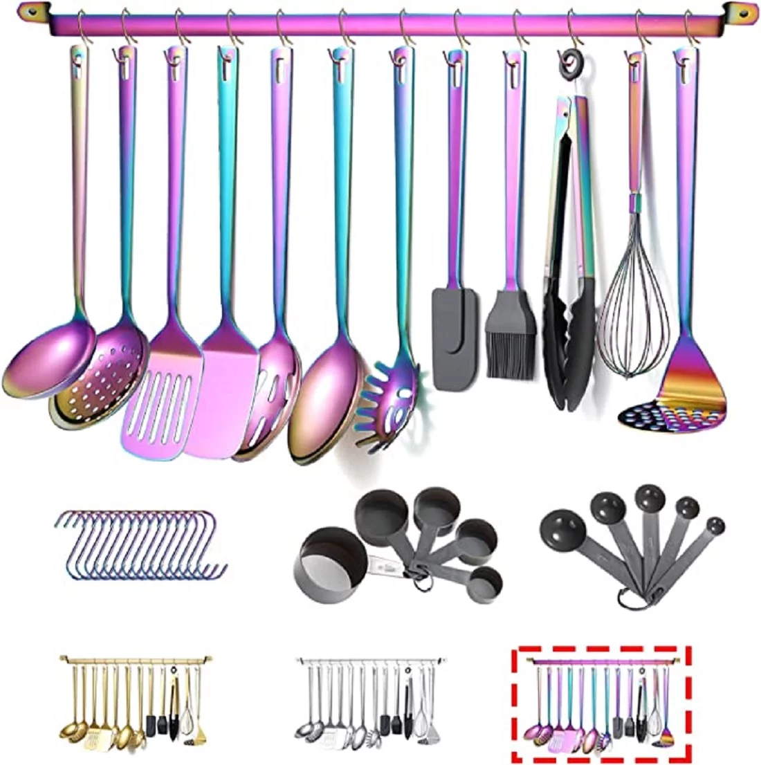 37-Piece Kitchen Cooking Utensils Set with Holder, Colorful Silicone Utensil Stainless Steel Handle, Nonstick Kitchen Tools with Spatula Ladle Pizza Cutter Grater Spoon Rest, Heat Resistant
