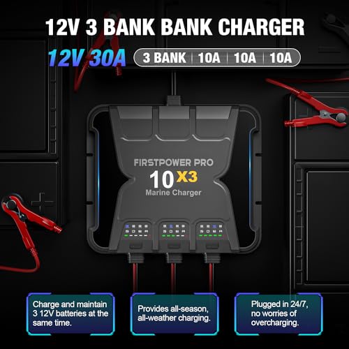 2 Bank Marine Battery Charger 5X2, 10A (5A/Bank) - 12V Waterproof Onboard Battery Charger, Battery Maintainer & Desulfator for SLA/AGM, Lithium (LiFePO4), Calcium & Deep-Cycle Battery- Charged 24/7