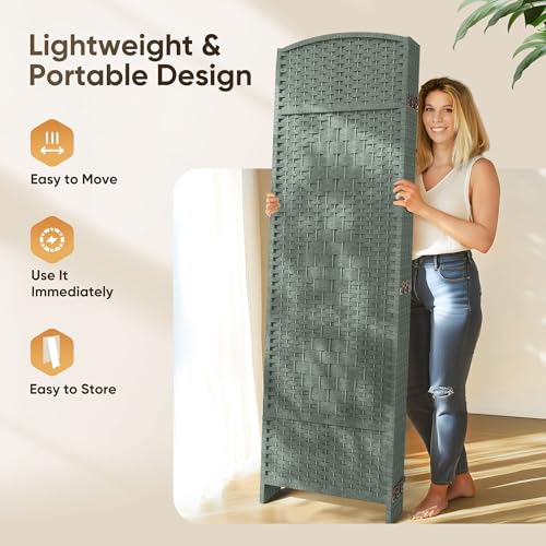 JOSTYLE Folding Privacy Room Divider, 4 Panel Screen Divider 6 ft. Tall Freestanding Extra Wide Rattan Room Partition Wall Separation Dividers, Grey