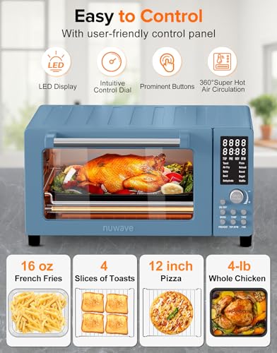 Nuwave Bravo Pro Smart 21QT Toaster Oven Air Fryer Combo, Convection Oven Countertop, 10 functions all in 1, with even & quick crisp technology, 50-450°F, 1800W, Stainless Steel