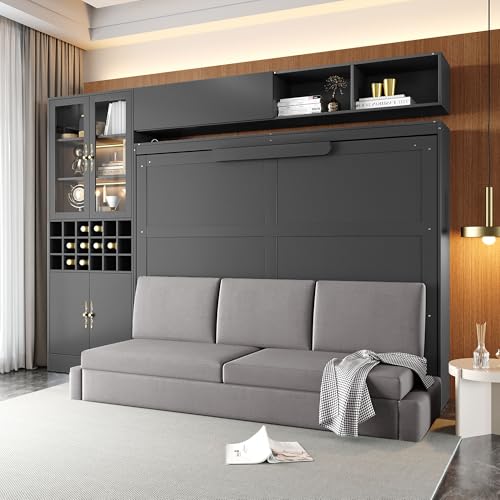 P PURLOVE Queen Murphy Bed with Sofa and Shelves, Wooden Wall Bed with USB and Light, No Box Spring Needed (White)