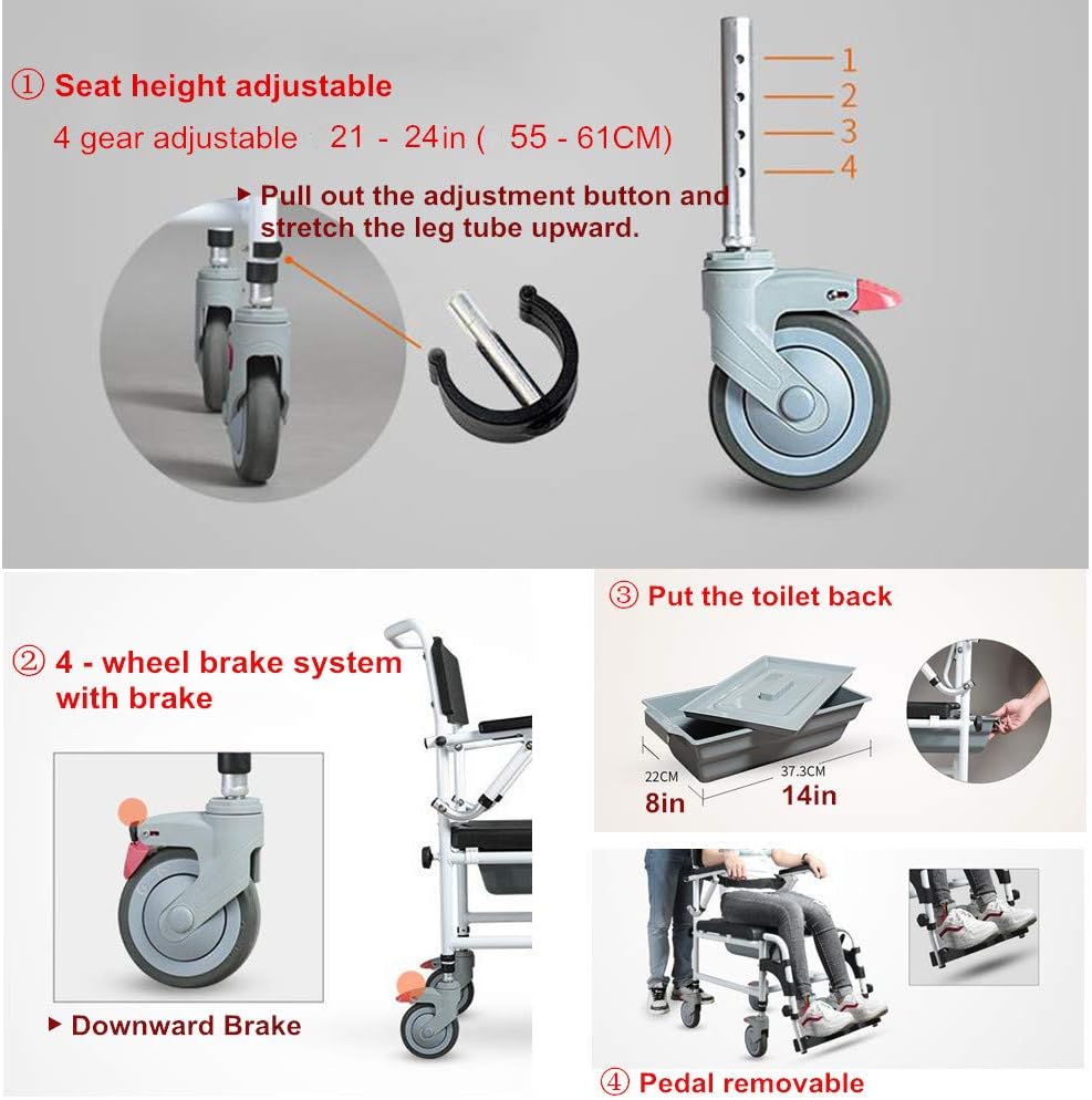 Nurth Tilt-in-Space Reclining Shower/Toilet Commode Chair, with Padded Seat, Back, Armrests. Care 4-in-1 Multifunction Chair, Flip-up Arm and Foot Rests, Commode Pail and Adjustable Headrest