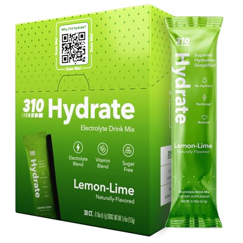 310 Hydrate Lemon Lime Electrolytes Powder Packets - No Sugar Hydration Packets with Key Vitamins & Minerals - Keto Friendly - Tasty Sugar Free Electrolyte Drink - 30 Single Servings