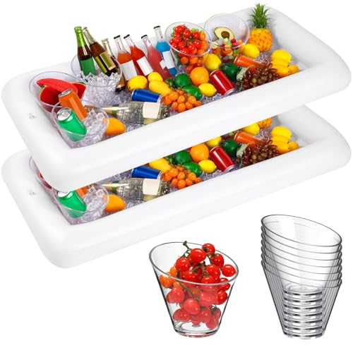 10 Pcs Pool Party Supplies Include 2 Pcs Inflatable Serving Salad Bar Tray Food Drink Holder Cooler Container 8 Pcs Salad Bowls Angled Acrylic Candy Bowls for BBQ Picnic Buffet Luau Cooler