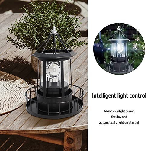 LED Solar Powered Lighthouse,Outdoor Waterproof 360° Rotating Solar Hanging Lamp, Garden Smoke Towers Statue Lights for Outdoor Garden Pathway Patio,Black