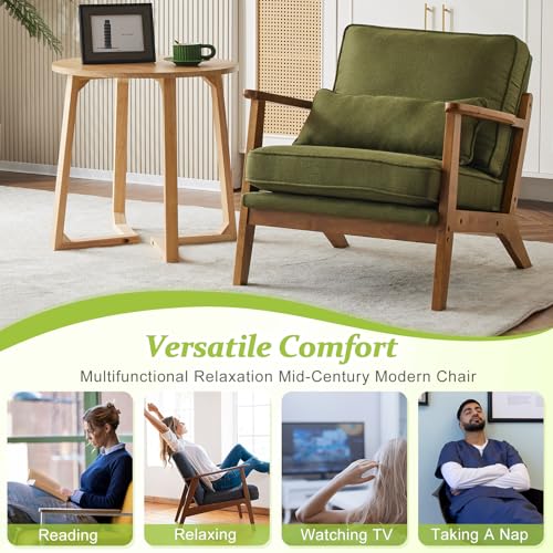 VINGLI Solid Wood Wide Armrests Accent Chair,Upholstered Mid Century Modern Chair with Pillow,Comfy Reading Chair Farmhouse Arm Chair,Chairs Living Room,Bedroom,Guest Room,Linen Fabric,Beige