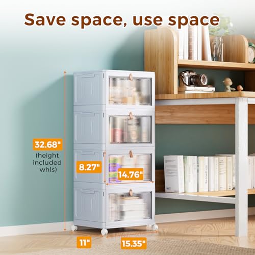 4 Tier Stackable Plastic Storage Bins with Lid and Wheels - 23 QT Closet Organizers and Storage, Foldable Storage Containers, Organization and Storage Boxes for Craft, Home, Pantry, Dorm,Grey