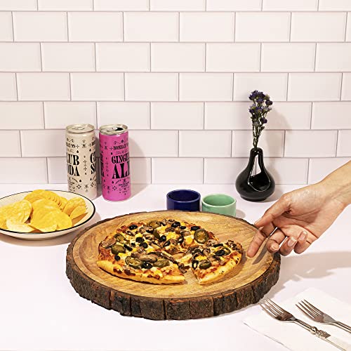 GoCraft Round Wooden Serving Platter with Tree Bark on Edges | Mango Wood Pizza Platter, Serve Board | Charcuterie Platter - 13