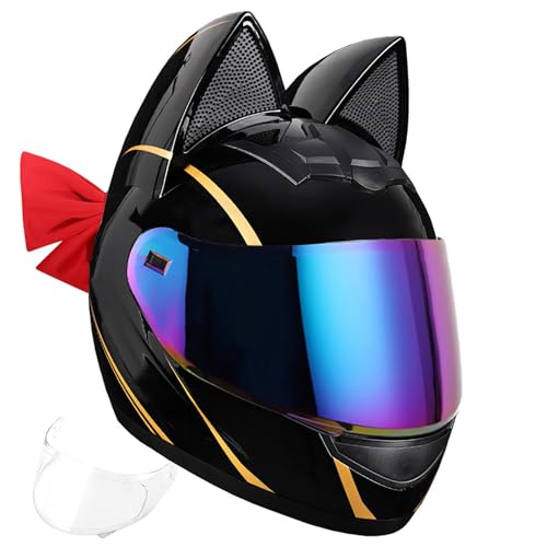 Full Face Motorcycle Helmet Girls Cat Ear Motorcycle Helmet with Removable Liner Full Face Helmet with Cat Ears and Bow for Cruiser Motocross DOT/ECE Approved