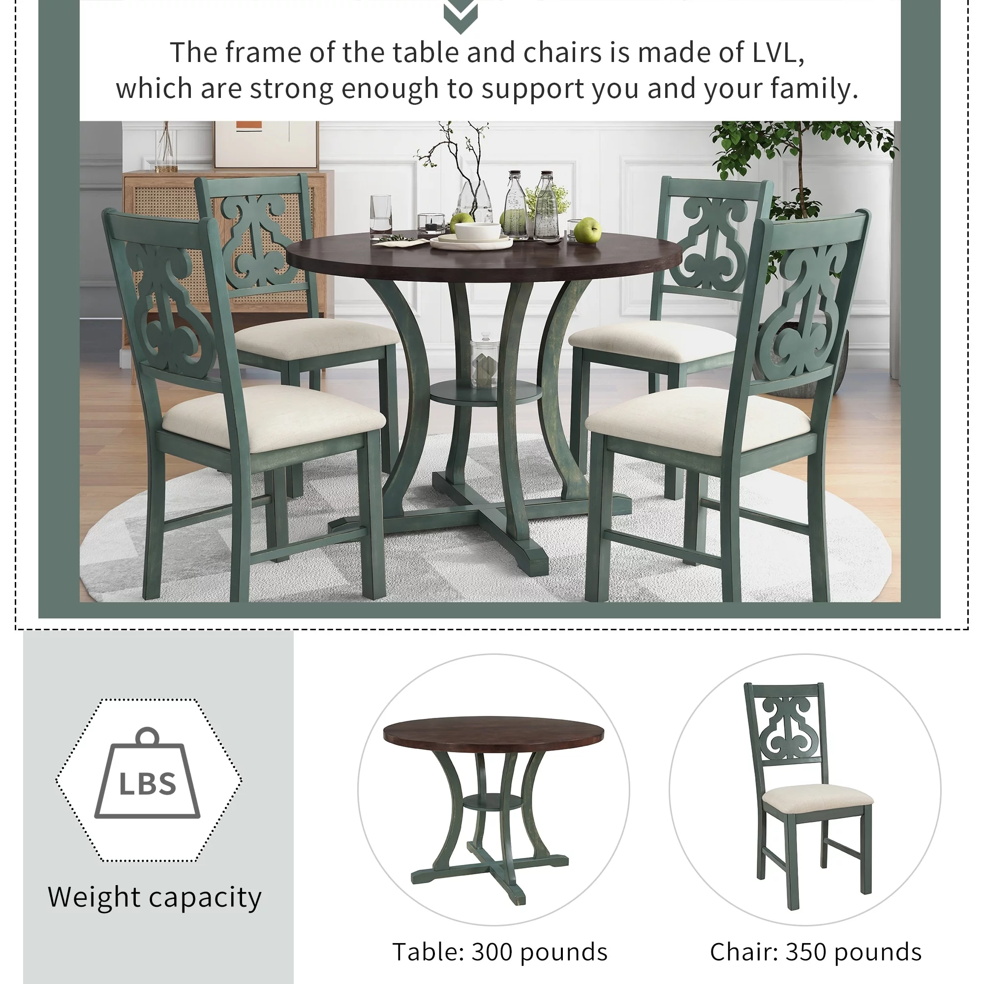 Retro 5-Piece Round Dining Table Set with Exquisite Hollow Chair Back