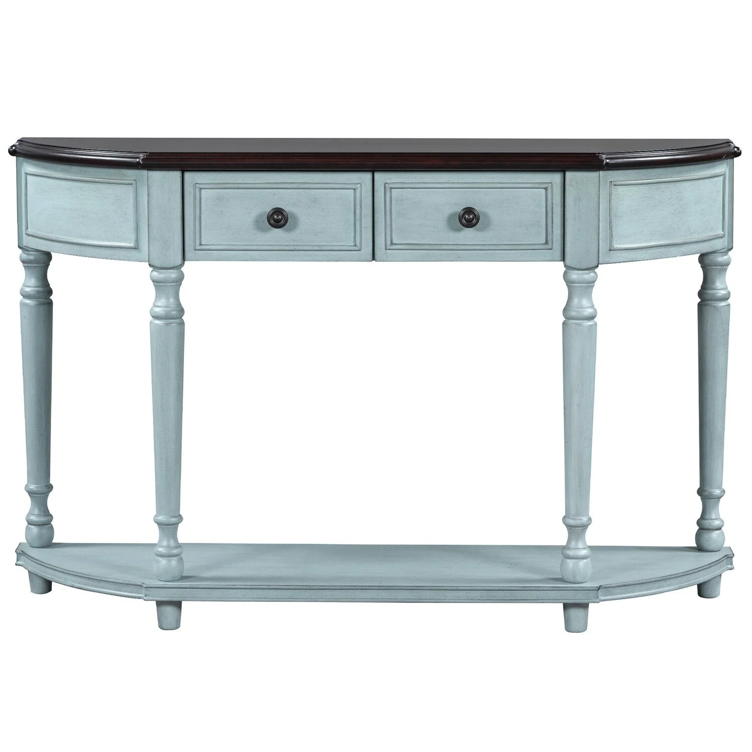 MERAX  Retro Circular Curved Console Table with Two Top Drawers Cherry & Antique Blue