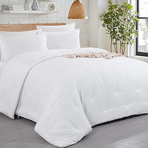 HOMBYS Oversized King Seersucker Comforter Set 128x120, Ultra Soft White Seersucker Bedding Comforter Set, Lightweight Microfiber Down Alternative Comforter 3 Piece Set (1 Comforter, 2 Pillowcases)