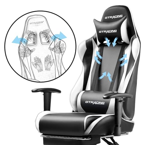 GTRACING Gaming Chair with Footrest, Ergonomic Computer Game Desk Chair, Reclining Game Chair Seat Height Adjustment, Swivel Rocker with Headrest and Lumbar (Blue)