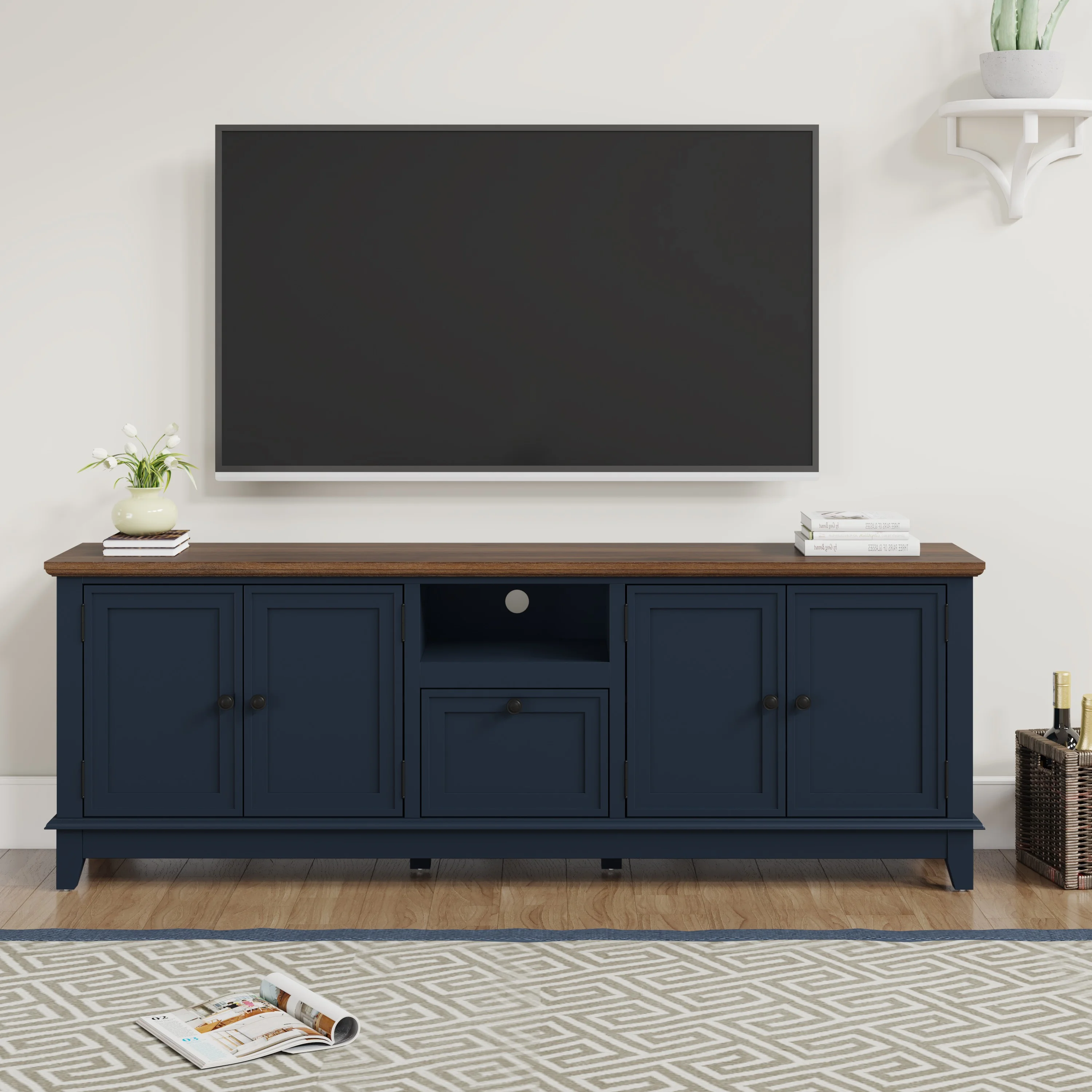 FESTIVO Rustic 72-Inch TV Stand with Adjustable Shelves, Hidden Storage - Navy Blue
