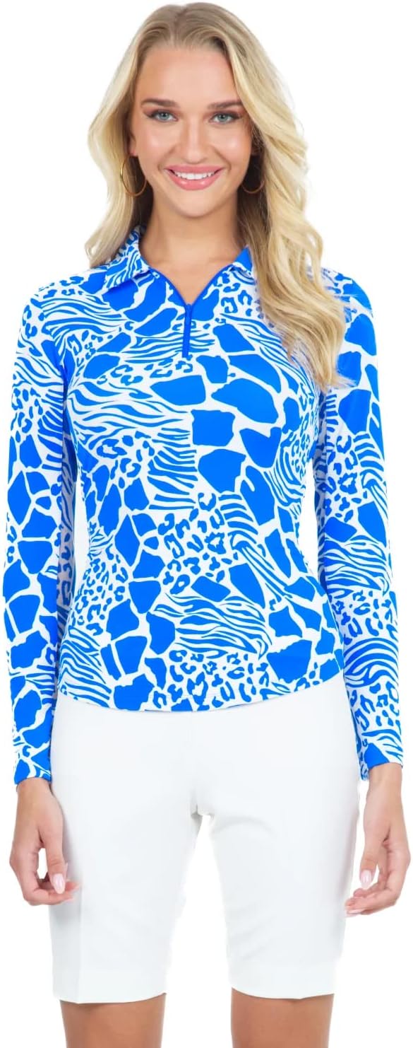 IBKUL Women's UPF 50+ Cooling Bianca Print Long Sleeve Polo – 41079 Blue/White Bianca XL