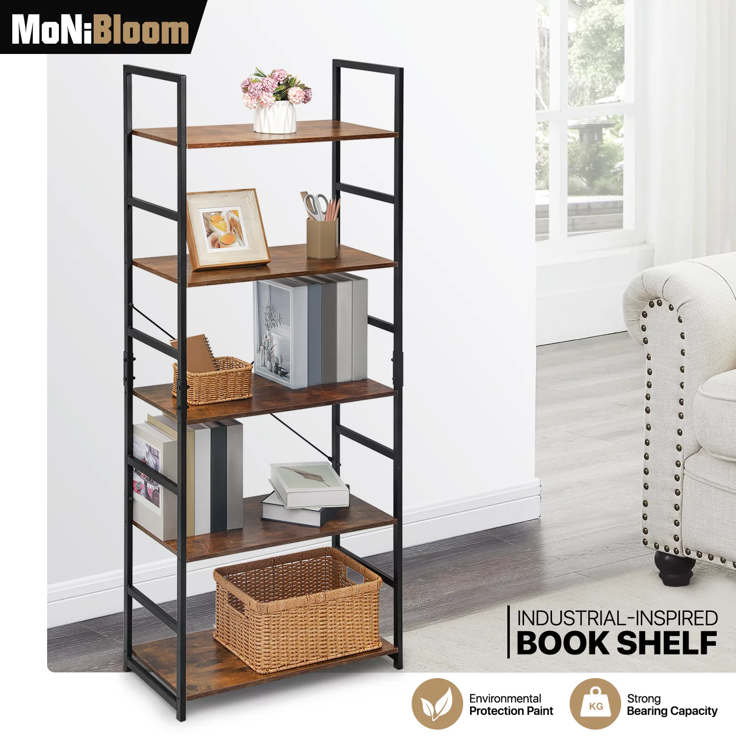 MoNiBloom 5 Shelves Rustic Bookcase, Industrial Shelf Unit, with Metal Frame Modern Office Home Display Shelves, Brown